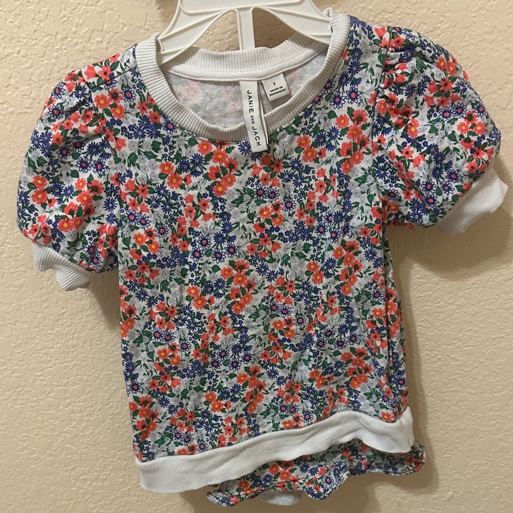 Janie and Jack White Floral Short Sleeve Tee with Pink and Blue Flowers
